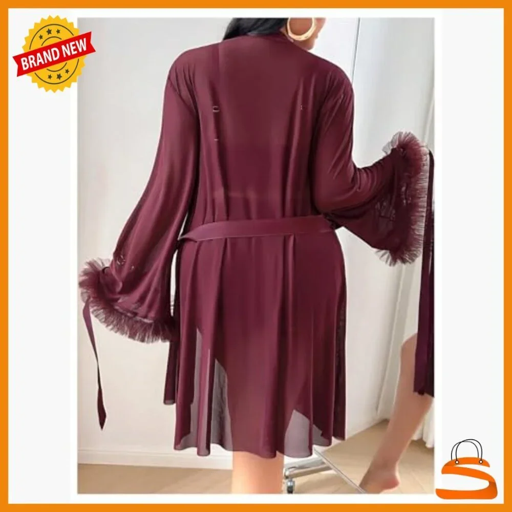 Plus Size Lingerie Set with Lace Bra Panty Long Sleeve Kimono Robe